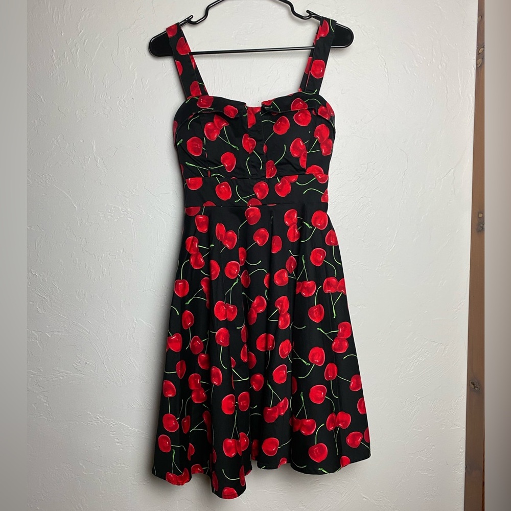 Ixia Sleeveless Pinup Dress Size Large Black Cherry Print Retro Rockabilly Swing